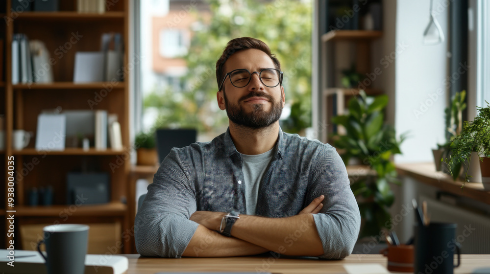 Obraz premium A confident man with glasses, arms crossed, leans back and relaxes at his desk in a bright, modern office setting.