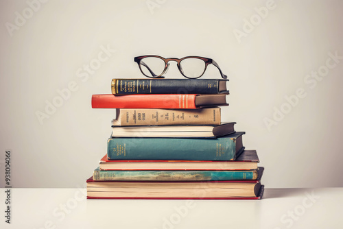 A Stack of Knowledge: A well-worn stack of books, each with its own unique story to tell, sits on a simple white table. A pair of glasses rest atop the pile, hinting at the wisdom and insights waiting photo