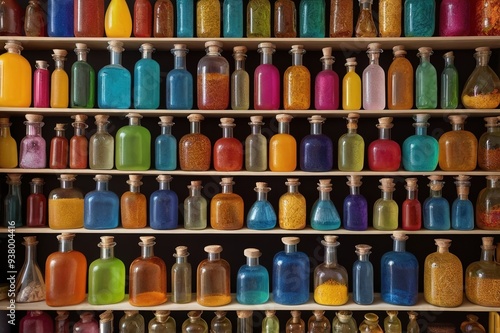 Bottles filled with colorful liquids and small