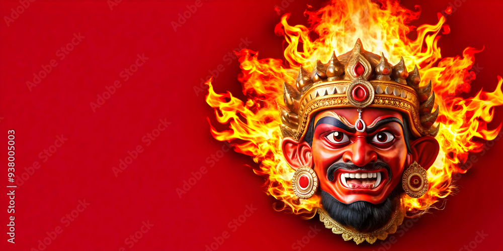 Ravana Mask and Flames concept as Abstract vector of Ravanas mask with flames surrounding it isolated on a white background symbolizing the fiery nature of the villain in the Dussehra festival with vi Ravana Mask and Flames concept as Abstract vector of Ravanas mask with flames surrounding it isolated on a white background symbolizing the fiery nature of the villain in the Dussehra festival with vi