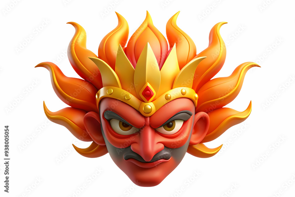Ravana Mask and Flames concept as Abstract vector of Ravanas mask with flames surrounding it isolated on a white background symbolizing the fiery nature of the villain in the Dussehra festival with vi Ravana Mask and Flames concept as Abstract vector of Ravanas mask with flames surrounding it isolated on a white background symbolizing the fiery nature of the villain in the Dussehra festival with vi