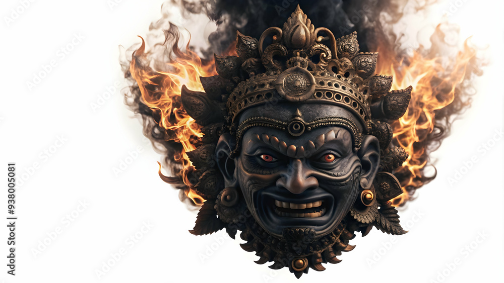 Ravana Mask and Flames concept as Abstract vector of Ravanas mask with flames surrounding it isolated on a white background symbolizing the fiery nature of the villain in the Dussehra festival with vi Ravana Mask and Flames concept as Abstract vector of Ravanas mask with flames surrounding it isolated on a white background symbolizing the fiery nature of the villain in the Dussehra festival with vi