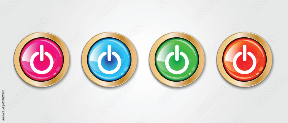 set of realistic red blue pink green glossy circle power button vector illustration. set of realistic red blue pink green glossy circle power button vector illustration.