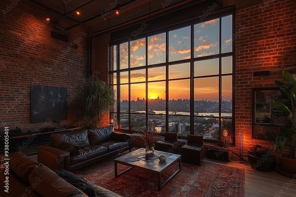 Fototapeta premium A luxurious living room with minimalist decor, featuring sleek glass structures outside a large window, with the light playing off wooden surfaces and detailed renderings of contemporary furniture,