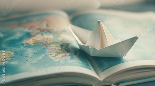 A paper boat is on top of a map. The boat is small and white