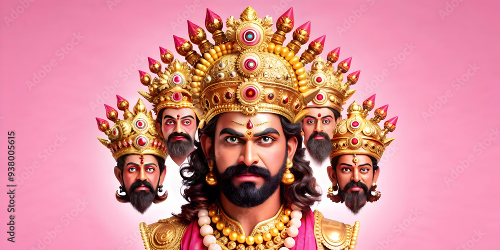 Ravanas Ten Heads and Crown concept as Vector illustration of Ravanas ten heads with a crown isolated on a white background symbolizing his multiple personalities and power with detailed and bold desi Ravanas Ten Heads and Crown concept as Vector illustration of Ravanas ten heads with a crown isolated on a white background symbolizing his multiple personalities and power with detailed and bold desi