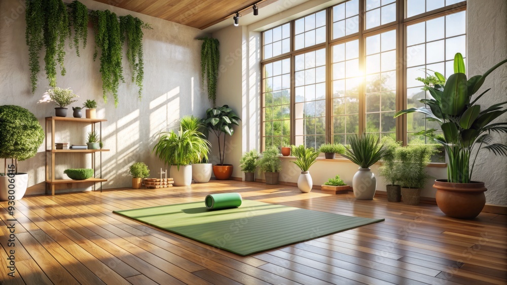 Fototapeta premium Serenely lit studio space with a natural wood floor, decorated with potted plants, featuring a green yoga mat and a few calmly placed props.