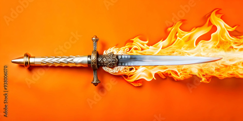 Sacred Fire and Sword concept as Abstract vector of a sword with a sacred fire burning around it isolated on a white background symbolizing purity and power in the Dussehra festival with a dynamic and photo