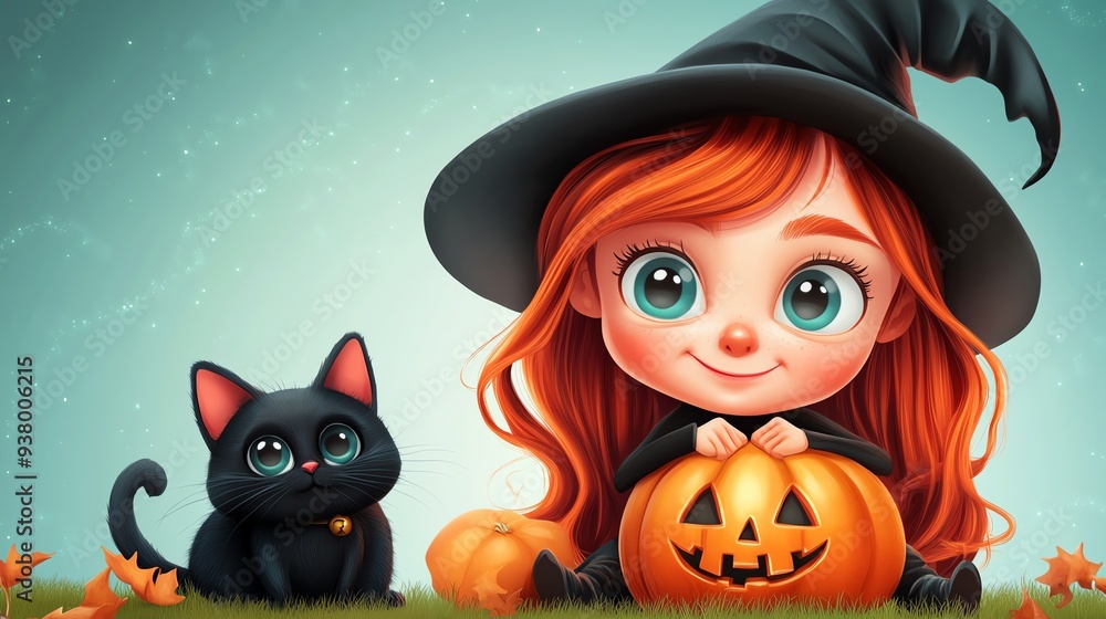 A charming young witch with red hair poses with her black cat and a carved pumpkin, celebrating the festive season of Halloween. A charming young witch with red hair poses with her black cat and a carved pumpkin, celebrating the festive season of Halloween.