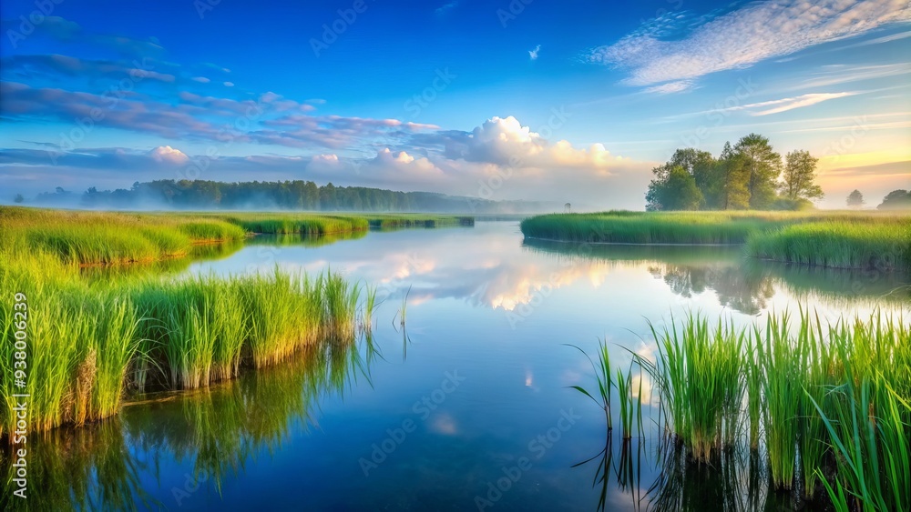 Obraz premium Serenely scenic morning view of a misty marsh landscape with vibrant green grasses, tall reeds, and tranquil water reflections under a soft blue sky.