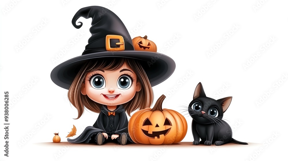 A cute witch with a pumpkin and black cat, perfect for Halloween-themed designs. A cute witch with a pumpkin and black cat, perfect for Halloween-themed designs.