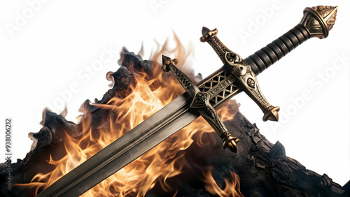 Sacred Fire and Sword concept as Abstract vector of a sword with a sacred fire burning around it isolated on a white background symbolizing purity and power in the Dussehra festival with a dynamic and photo