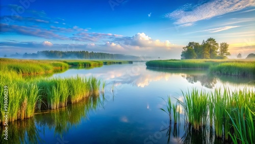 Serenely scenic morning view of a misty marsh landscape with vibrant green grasses, tall reeds, and tranquil water reflections under a soft blue sky.