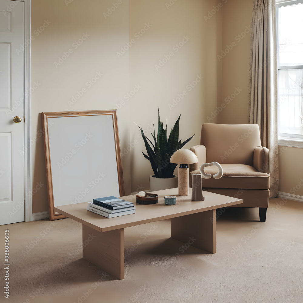 A photo of a beige room with a coffee table, a blank picture frame, and an armchair in the corner. A photo of a beige room with a coffee table, a blank picture frame, and an armchair in the corner.