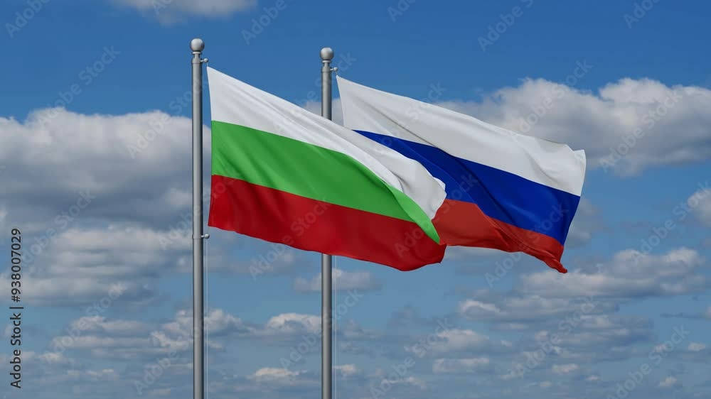 Russian Federation and Bulgaria flags flying together, video concept of the relationship Russian Federation and Bulgaria flags flying together, video concept of the relationship