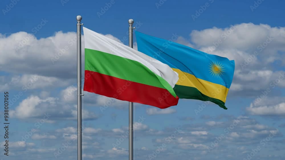 Republic of Rwanda and Bulgaria flags flying together, video concept of the relationship, two country cooperation concept Republic of Rwanda and Bulgaria flags flying together, video concept of the relationship, two country cooperation concept