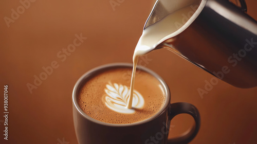 Close up of barista working in coffee shop, preparing coffee. University student working part-time in cafe. photo