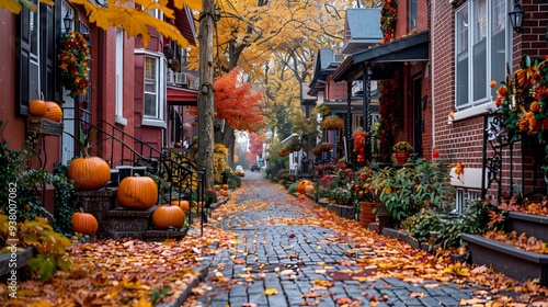 Charming Autumn Street with Decorative Pumpkins and Fall Wreaths