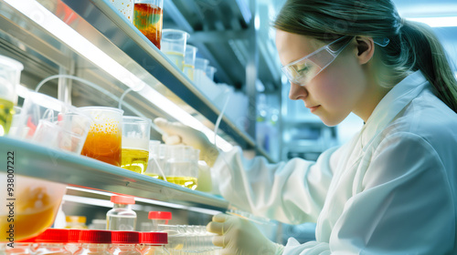 Young female scientist working with liquid samples test in quality control laboratory science. IA