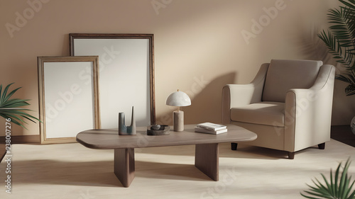 A photo of a beige room with a coffee table, a blank picture frame, and an armchair in the corner. photo