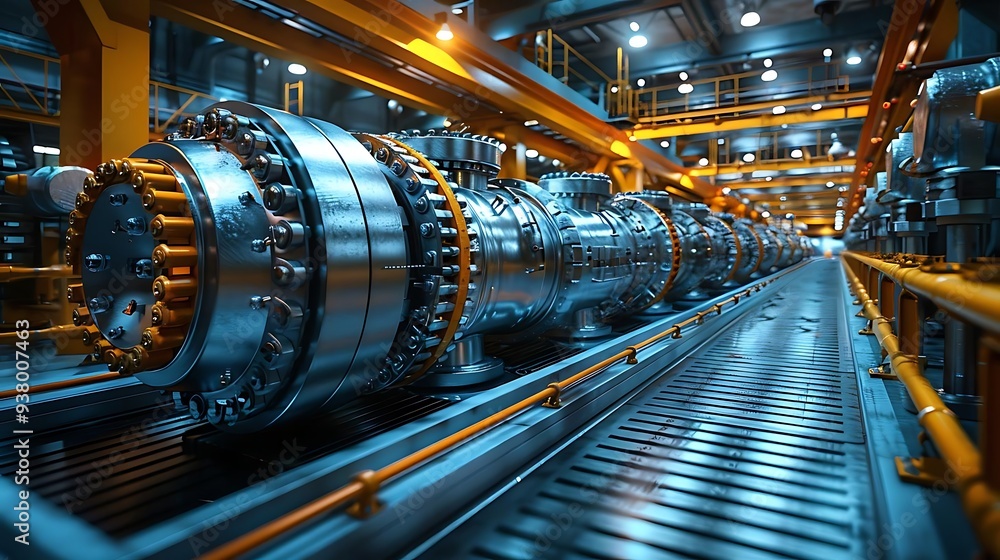 A close-up view of industrial machinery in a factory setting, showcasing precision engineering and manufacturing processes. A close-up view of industrial machinery in a factory setting, showcasing precision engineering and manufacturing processes.