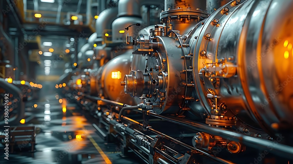 A detailed view of industrial machinery in a factory setting, showcasing pipes and mechanical components. A detailed view of industrial machinery in a factory setting, showcasing pipes and mechanical components.