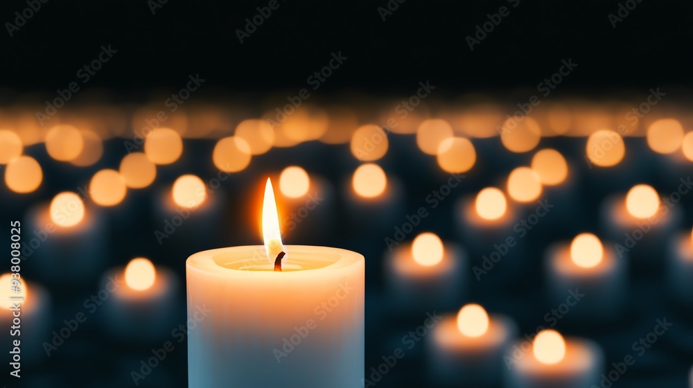 A serene candle illuminated against a blurred background of glowing candles, creating a peaceful and warm atmosphere. A serene candle illuminated against a blurred background of glowing candles, creating a peaceful and warm atmosphere.