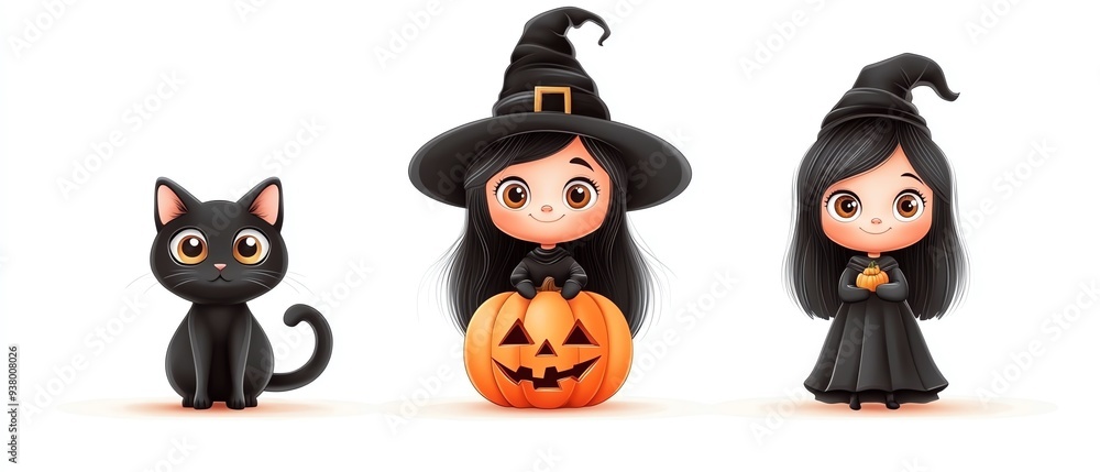 Fototapeta premium Whimsical Halloween scene featuring a cute witch, a black cat, and a pumpkin, perfect for festive decorations and illustrations.
