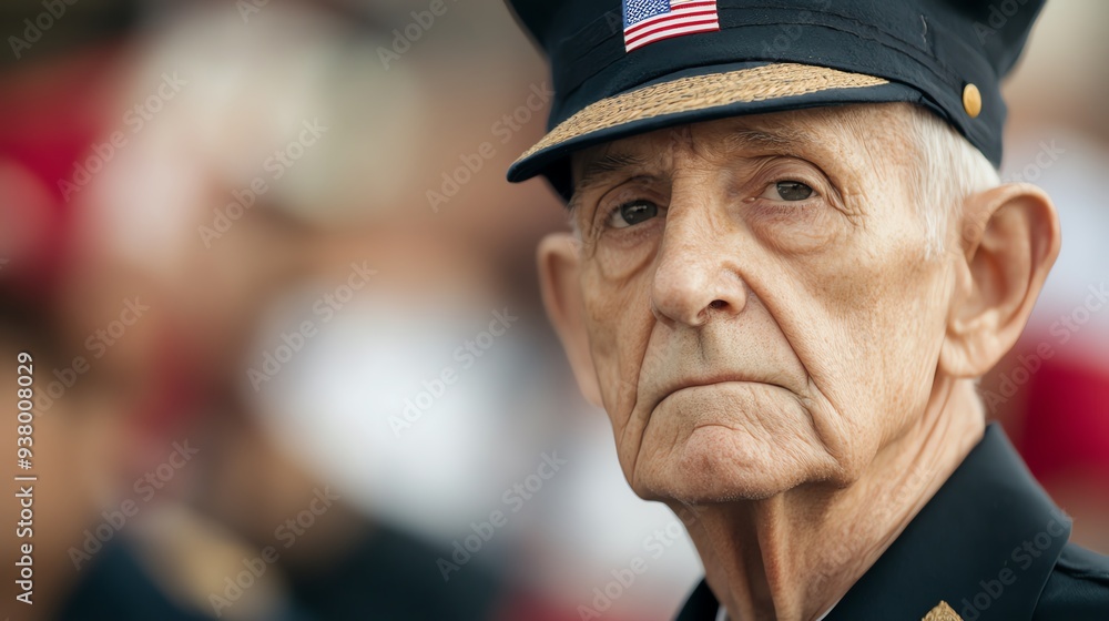 A solemn veteran in uniform, reflecting pride and honor at a memorial event, showcasing the spirit of resilience and service. A solemn veteran in uniform, reflecting pride and honor at a memorial event, showcasing the spirit of resilience and service.