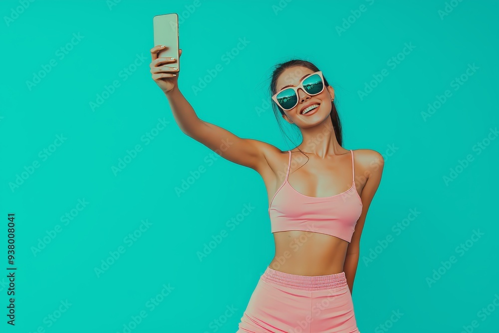 Stylish young woman in crop top filming selfie video with smartphone on teal backdrop Stylish young woman in crop top filming selfie video with smartphone on teal backdrop