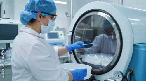 Research laboratory technician with EPI respiratory protection, protective clothing. Biohazard samples in laminar flow fume. Highly lethal viruses and bacteria control. Clinical Microbiology biosafety