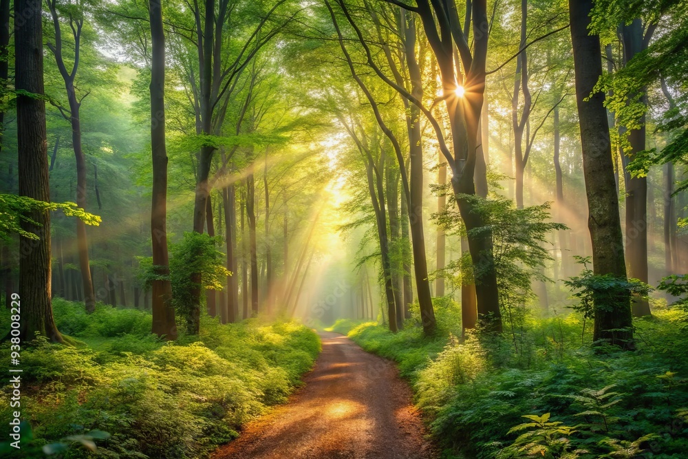 Obraz premium Serenene forest surroundings with dense foliage, sun-dappled path, and misty atmosphere, evoking feelings of tranquility and connection with nature's beauty and simplicity.