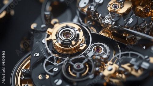 Close-up of intricate gold and silver gears and mechanisms of a luxury watch.