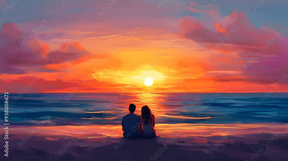 Couple Watching Sunset on Beach: A couple sitting on the sand, watching the sunset over the ocean.
Couple Watching Sunset on Beach: A couple sitting on the sand, watching the sunset over the ocean.