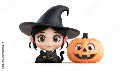 Cute cartoon witch with cat and pumpkin, perfect for Halloween-themed designs and festive decorations.