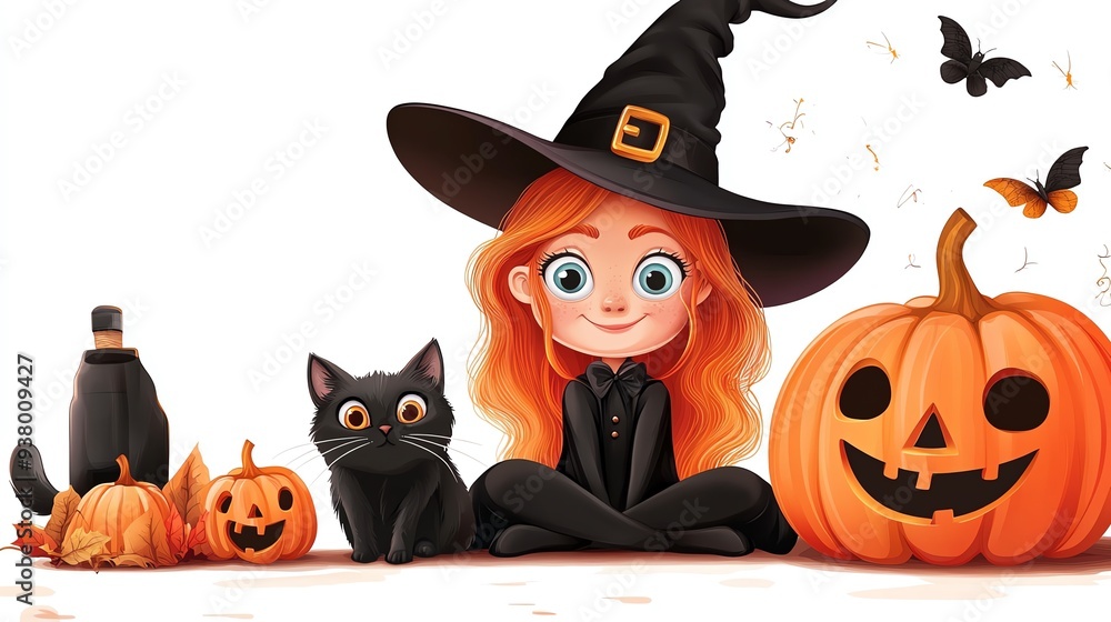 Cheerful witch with a black cat and pumpkins, perfect for Halloween-themed designs and festive illustrations. Cheerful witch with a black cat and pumpkins, perfect for Halloween-themed designs and festive illustrations.