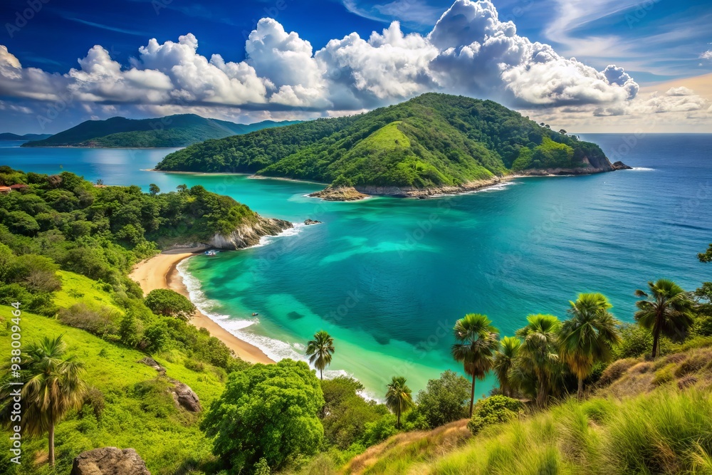 Obraz premium Serene Phuket coastline panorama featuring turquoise waters with gentle waves, set against a lush green hillside backdrop, epitomizing tropical paradise and relaxation.