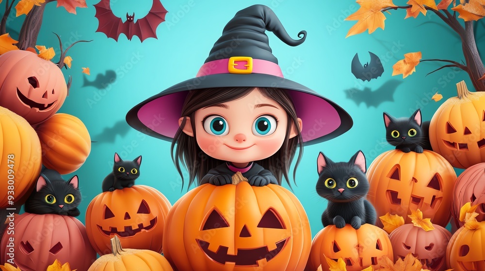 Fototapeta premium A cheerful witch surrounded by pumpkins and playful black cats, perfect for Halloween-themed decorations and illustrations.