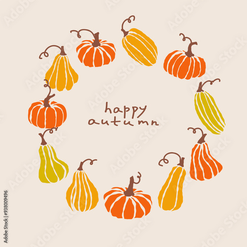 Colorful autumn pumpkins and gourds arranged in a circle with a happy autumn greeting, creating a festive seasonal atmosphere