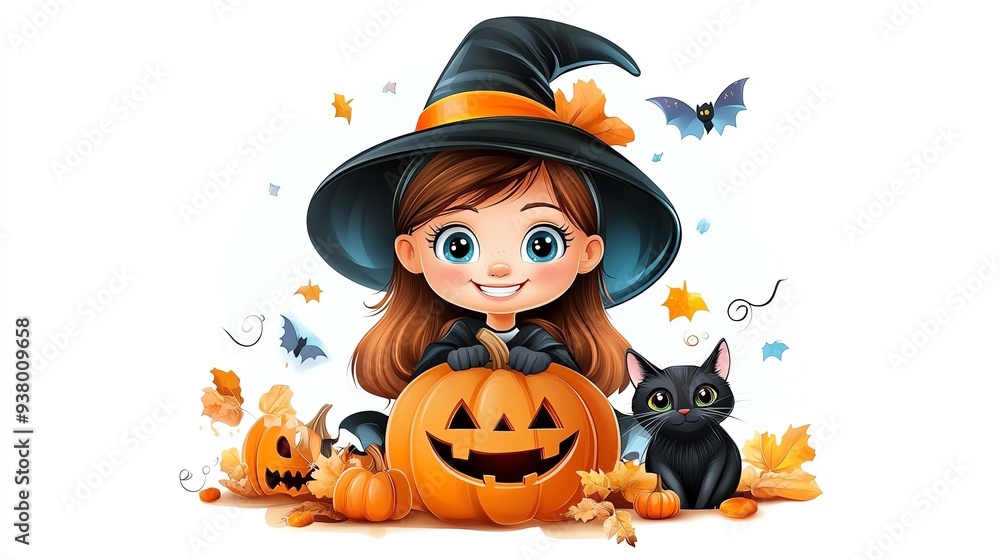 A cheerful witch girl with a pumpkin and a black cat, surrounded by autumn leaves and bats, capturing the fun of Halloween. A cheerful witch girl with a pumpkin and a black cat, surrounded by autumn leaves and bats, capturing the fun of Halloween.