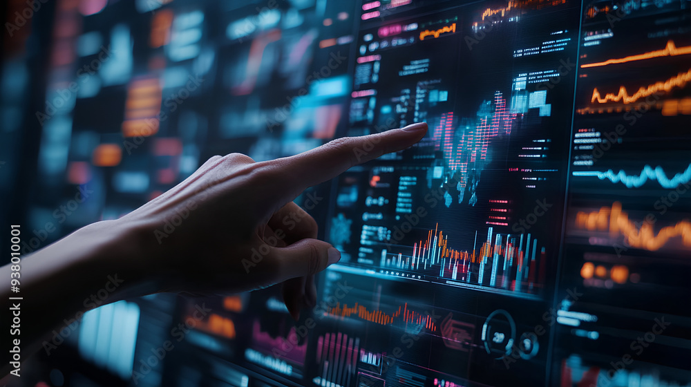 Close-up image of a person's hand interacting with a futuristic screen. Close-up image of a person's hand interacting with a futuristic screen.