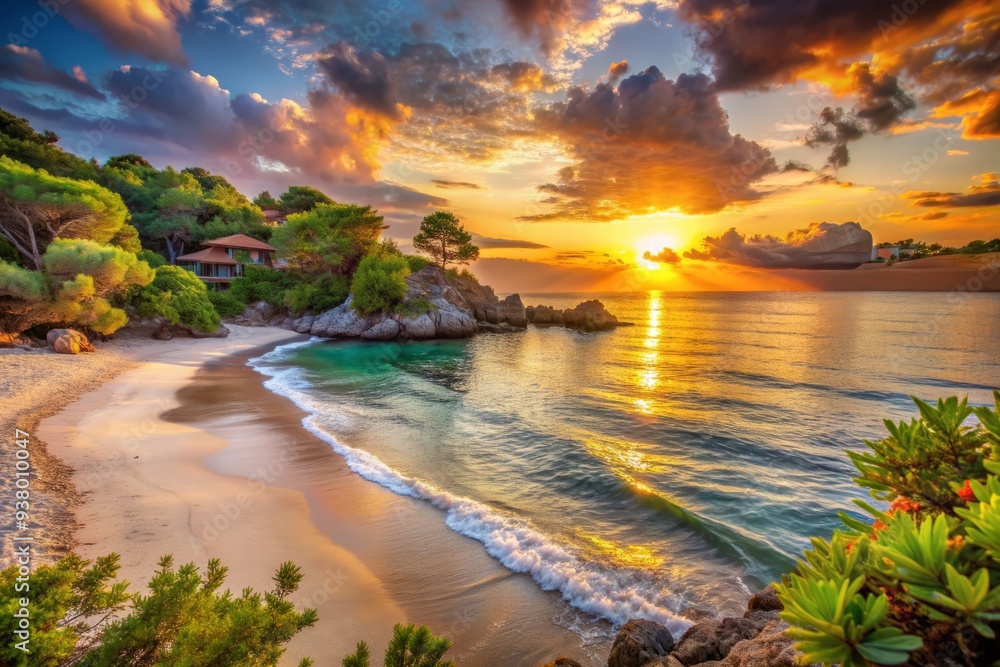 Serene seaside haven: Warm sunset light illuminates a secluded cove, gentle waves caress the sandy shore, evoking feelings of tranquility and relaxation. Serene seaside haven: Warm sunset light illuminates a secluded cove, gentle waves caress the sandy shore, evoking feelings of tranquility and relaxation.