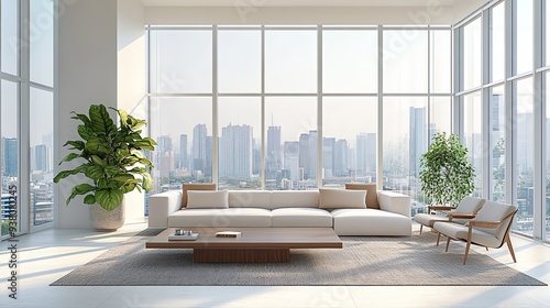 A modern, spacious living room filled with minimalist furniture, accented by unsplash transparent fractals and large glass windows overlooking a sleek urban landscape, leaving a generous copy space photo