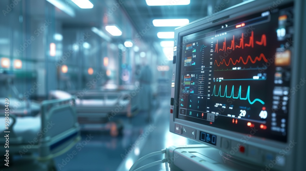 A sophisticated, hightech patient monitoring screen utilized in hospital settings, particularly for critical care A sophisticated, hightech patient monitoring screen utilized in hospital settings, particularly for critical care