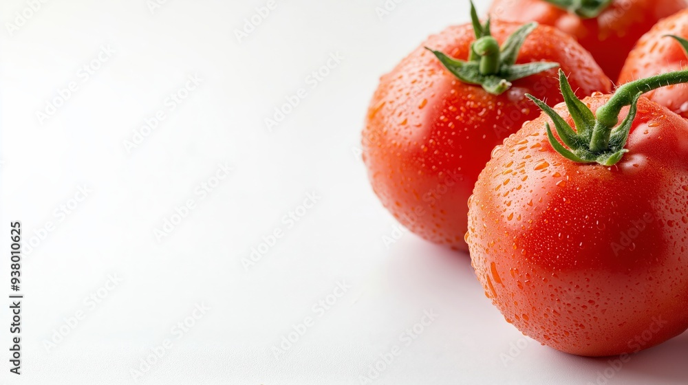 Four fresh red tomatoes with green stems and water droplets on a white background. Four fresh red tomatoes with green stems and water droplets on a white background.