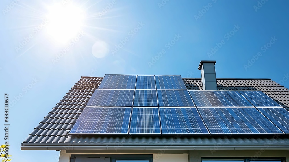 Solar panels installed on a contemporary house roof with black tiles, harnessing sunlight for renewable energy on a bright day. Solar panels installed on a contemporary house roof with black tiles, harnessing sunlight for renewable energy on a bright day.