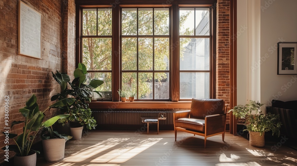 A spacious, modern living room filled with minimalist decor, accented by wooden trim and large windows revealing an unsplash of natural light, with a cozy brown leather armchair and ample space at A spacious, modern living room filled with minimalist decor, accented by wooden trim and large windows revealing an unsplash of natural light, with a cozy brown leather armchair and ample space at