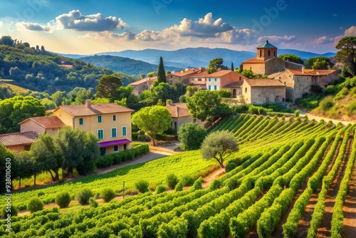 Serene summer landscape of the French Riviera featuring rolling hills, picturesque houses, and lush green vineyards producing rose wine near Saint-Tropez, Var, France. photo