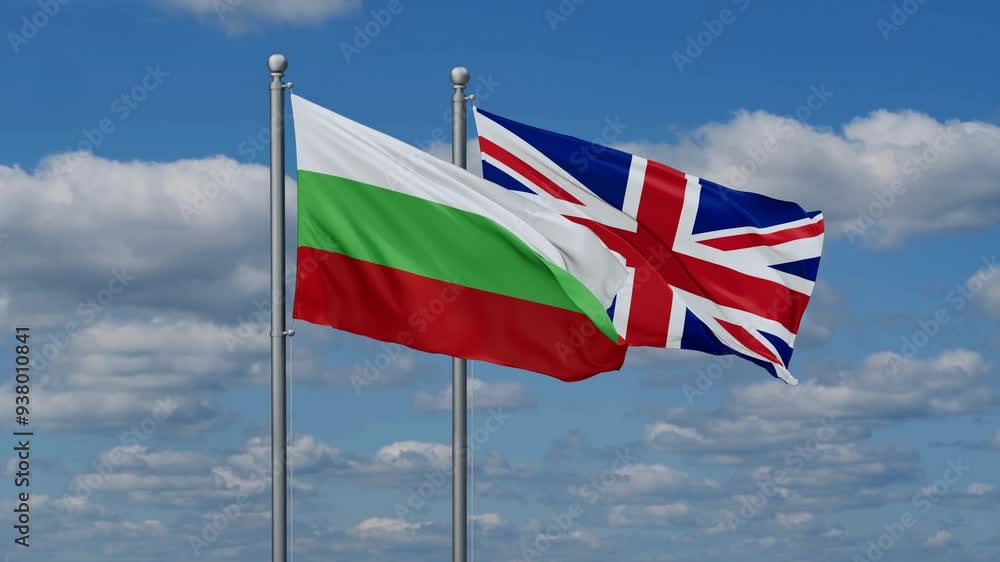 United Kingdom and Bulgaria flags flying together, video concept of the relationship, two country cooperation concept United Kingdom and Bulgaria flags flying together, video concept of the relationship, two country cooperation concept