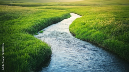 Nature's Flow: A Serpentine River Winding Through a Lush Green Field, Embracing the Essence of Untouched Landscape.